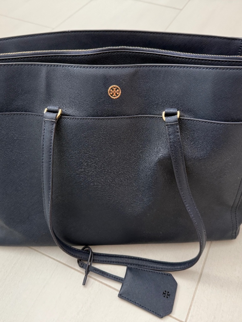 Tory Burch Navy Blue Saffiano Leather Tote Bag
